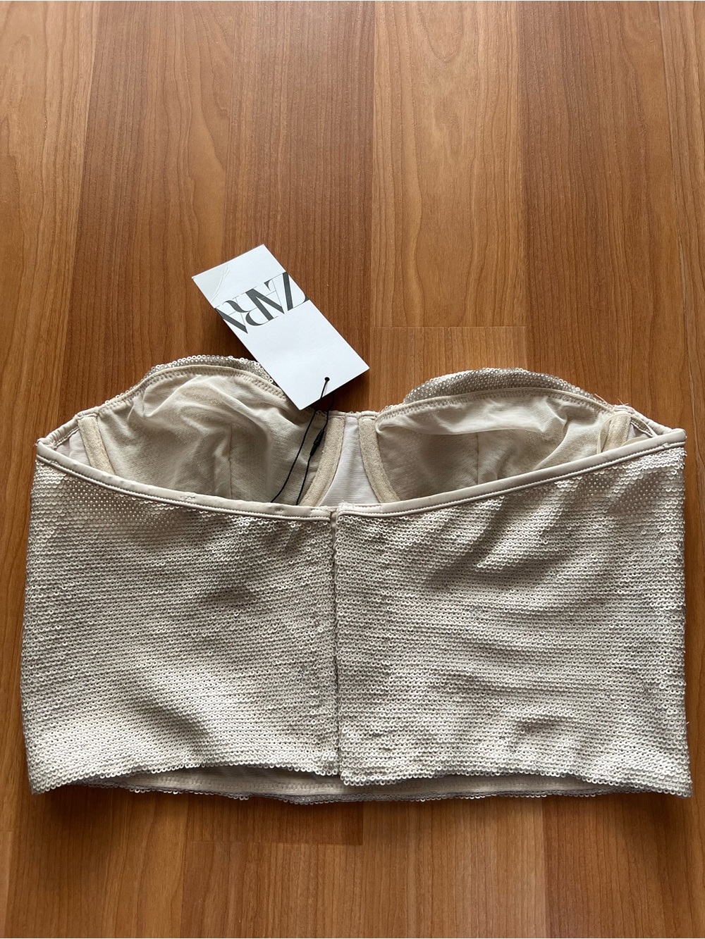 Zara Champagne Sequin Corset Bustier Crop Top Strapless L NWT - Picture 4 of 15
